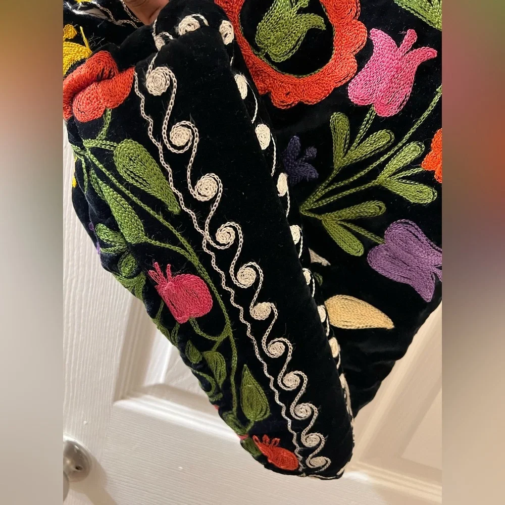 Vintage velvet Black Floral Embroidered Tote Bag - Colorful Flower Design